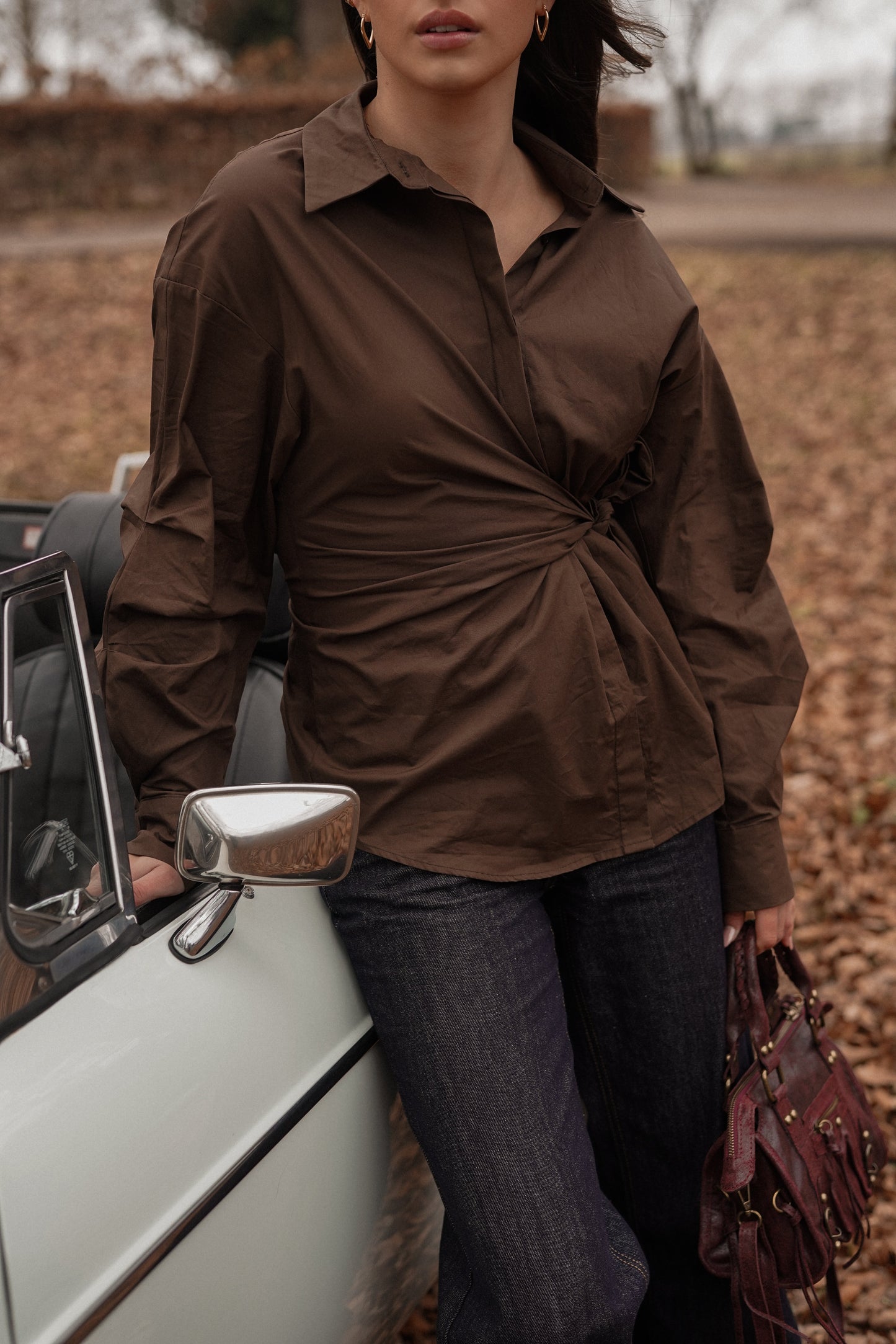 Aubérisse - Blusa oversize in marrone con nodo laterale, trendy, per donne