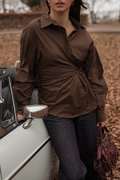 Aubérisse - Blusa oversize in marrone con nodo laterale, trendy, per donne