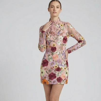 Elegante mini abito ricamato floreale con colletto alto – Abito attillato da festa per donne