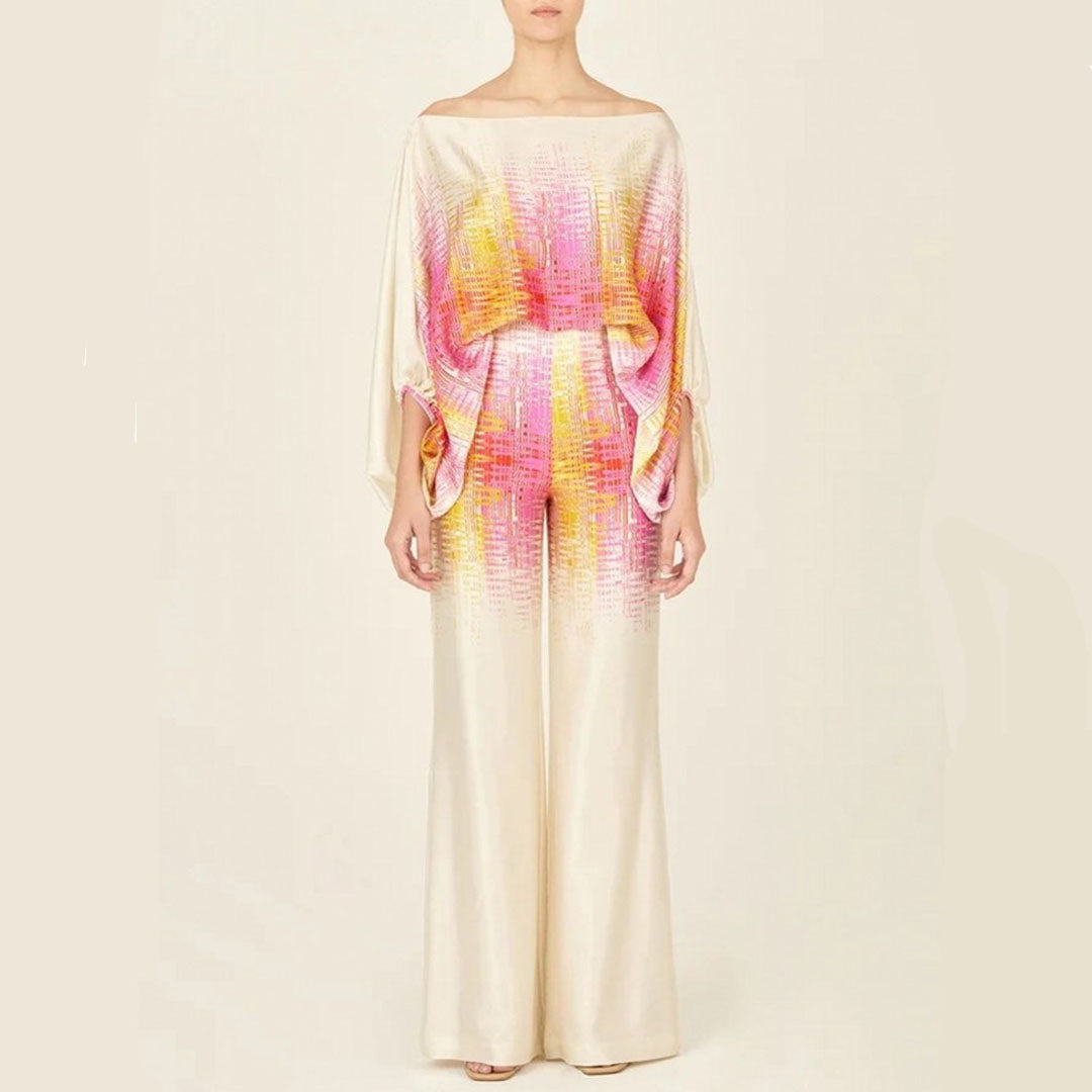 Maëlys - Elegante Completo Due Pezzi per Primavera e Estate con Maniche Ampie e Design Off-Shoulder, Pantaloni Palazzo a Vita Alta e Motivi Lucenti