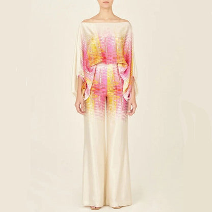 Maëlys - Elegante Completo Due Pezzi per Primavera e Estate con Maniche Ampie e Design Off-Shoulder, Pantaloni Palazzo a Vita Alta e Motivi Lucenti