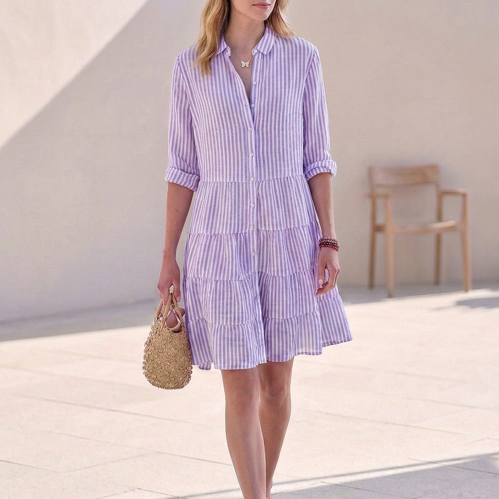 Abito camicia a righe per donne – Abito estivo leggero con bottoni e gonna a volant