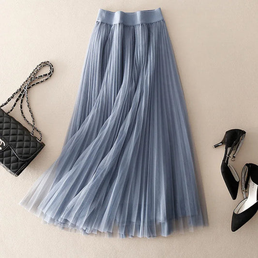 Gonna Midi in Tulle Plissettato con Vita Elastica – Gonna Elegante e Fluida per Donne