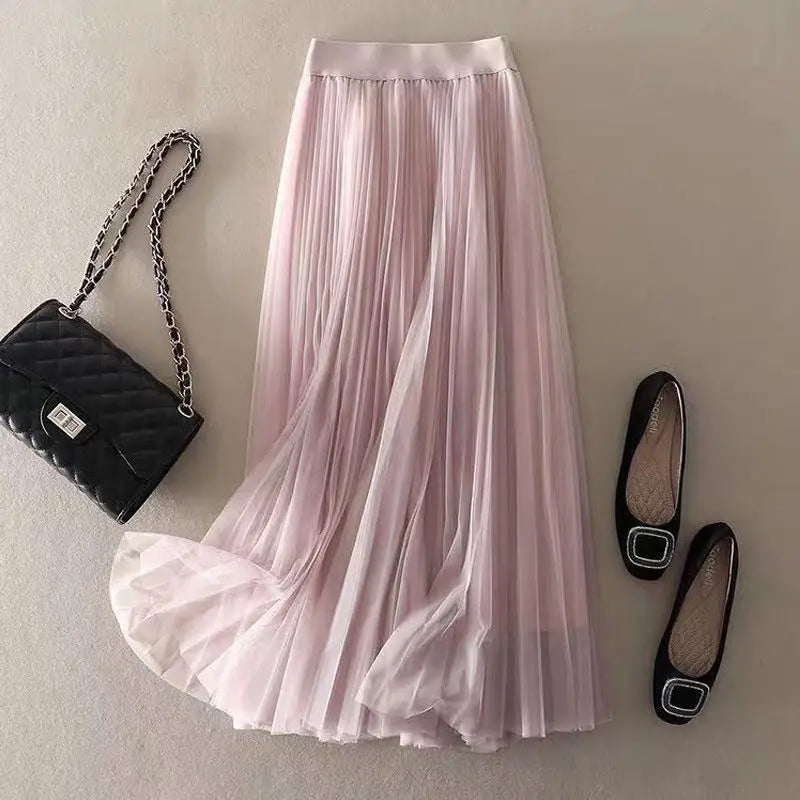 Gonna Midi in Tulle Plissettato con Vita Elastica – Gonna Elegante e Fluida per Donne