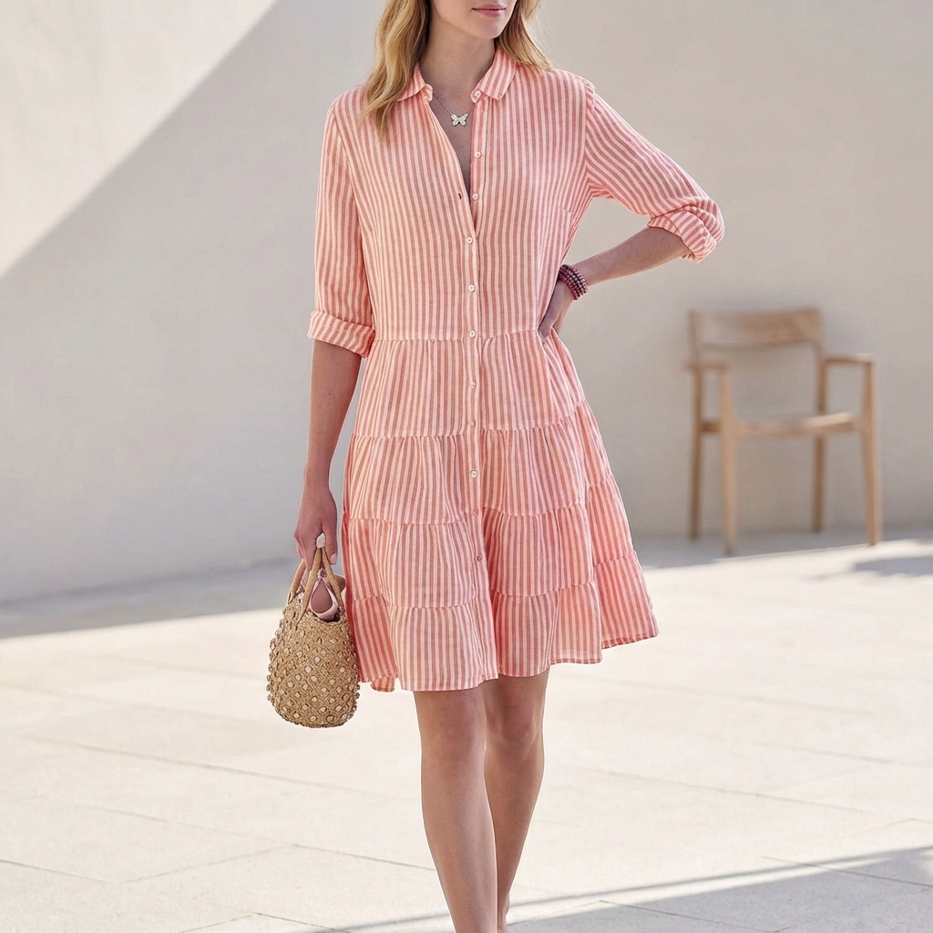 Abito camicia a righe per donne – Abito estivo leggero con bottoni e gonna a volant