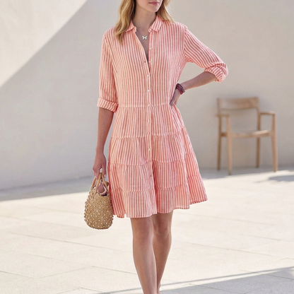 Abito camicia a righe per donne – Abito estivo leggero con bottoni e gonna a volant