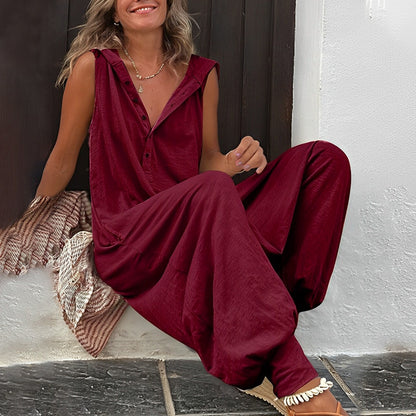 Auréline - Tuta Primaverile ed Estiva Comoda e Casual per Donne, Senza Maniche, Pantaloni Larghi, Bottoni e Scollatura a V
