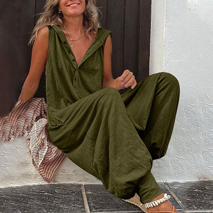 Auréline - Tuta Primaverile ed Estiva Comoda e Casual per Donne, Senza Maniche, Pantaloni Larghi, Bottoni e Scollatura a V