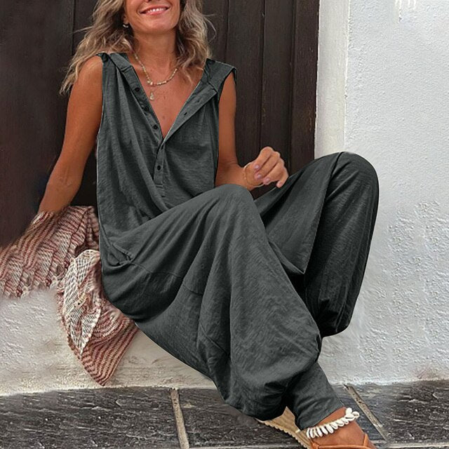 Auréline - Tuta Primaverile ed Estiva Comoda e Casual per Donne, Senza Maniche, Pantaloni Larghi, Bottoni e Scollatura a V