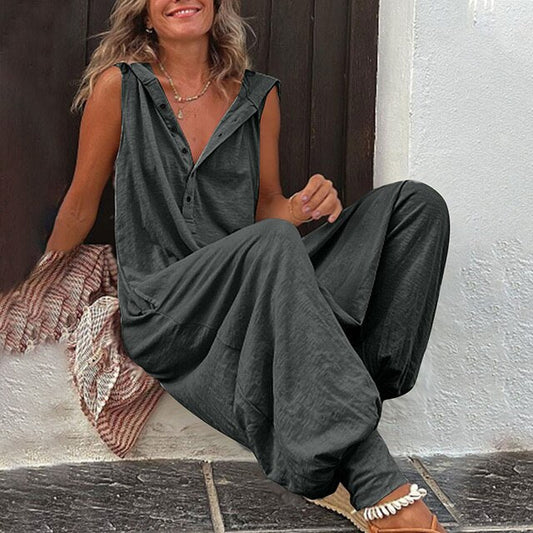 Auréline - Tuta Primaverile ed Estiva Comoda e Casual per Donne, Senza Maniche, Pantaloni Larghi, Bottoni e Scollatura a V