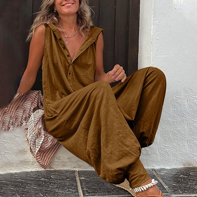 Auréline - Tuta Primaverile ed Estiva Comoda e Casual per Donne, Senza Maniche, Pantaloni Larghi, Bottoni e Scollatura a V