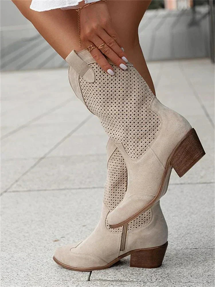 Stivali western perforati per donna – Stivali da cowboy estivi con tacco a blocco e zip