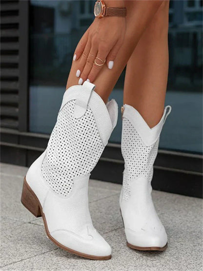 Stivali western perforati per donna – Stivali da cowboy estivi con tacco a blocco e zip