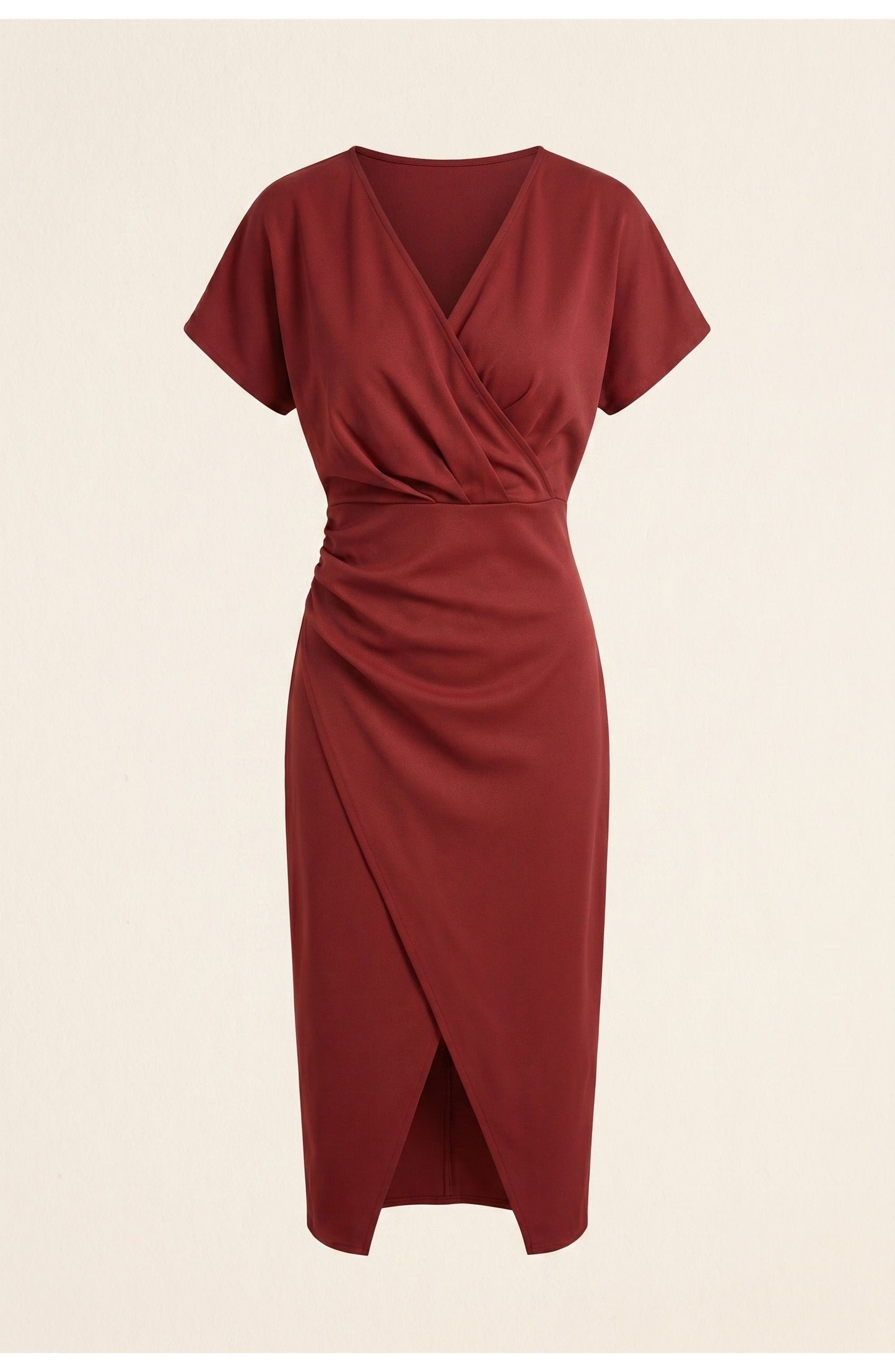 Abito avvolgente elegante con scollatura a V per donne – Abito midi aderente con arricciatura in vita e spacco