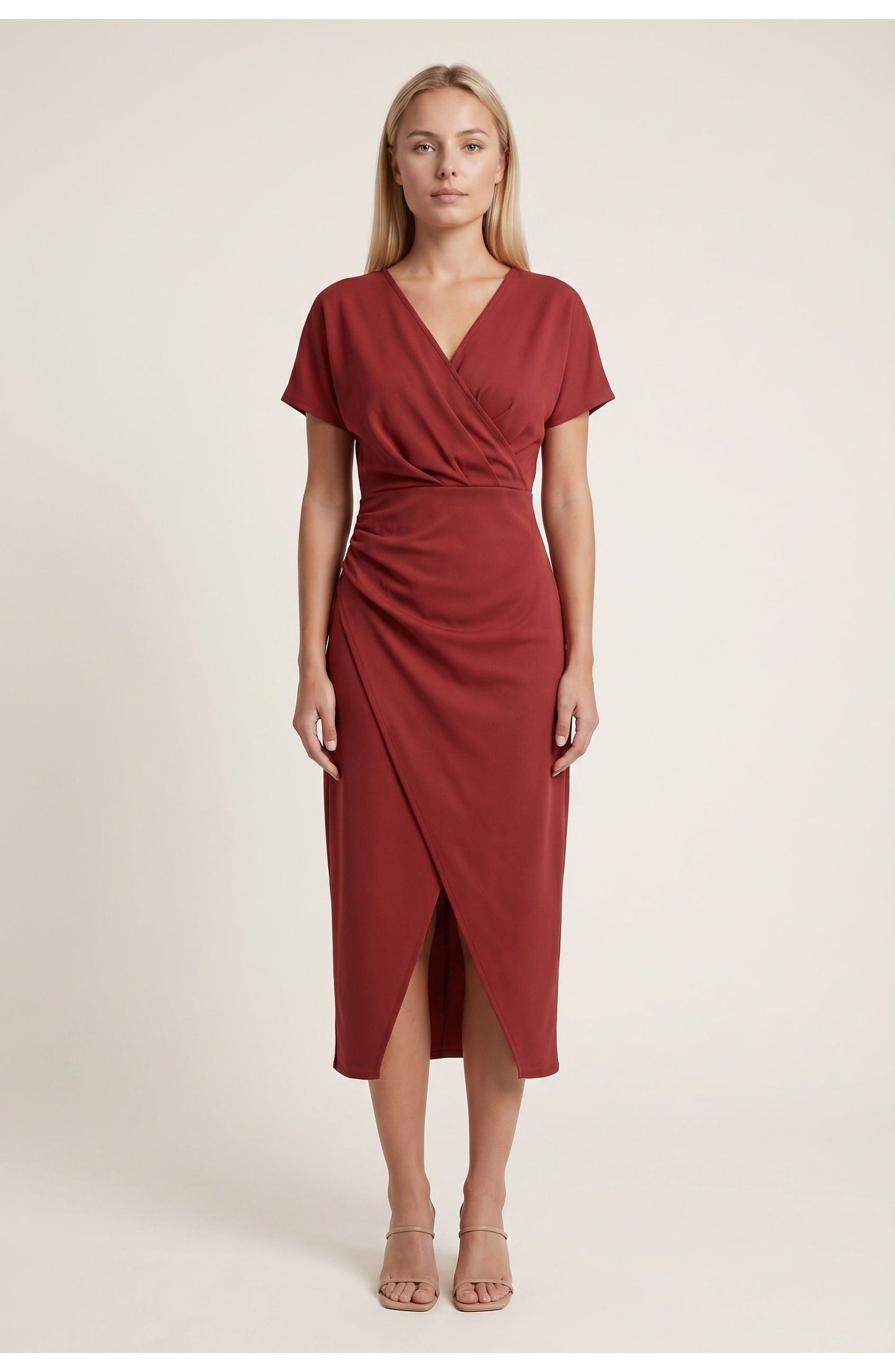 Abito avvolgente elegante con scollatura a V per donne – Abito midi aderente con arricciatura in vita e spacco