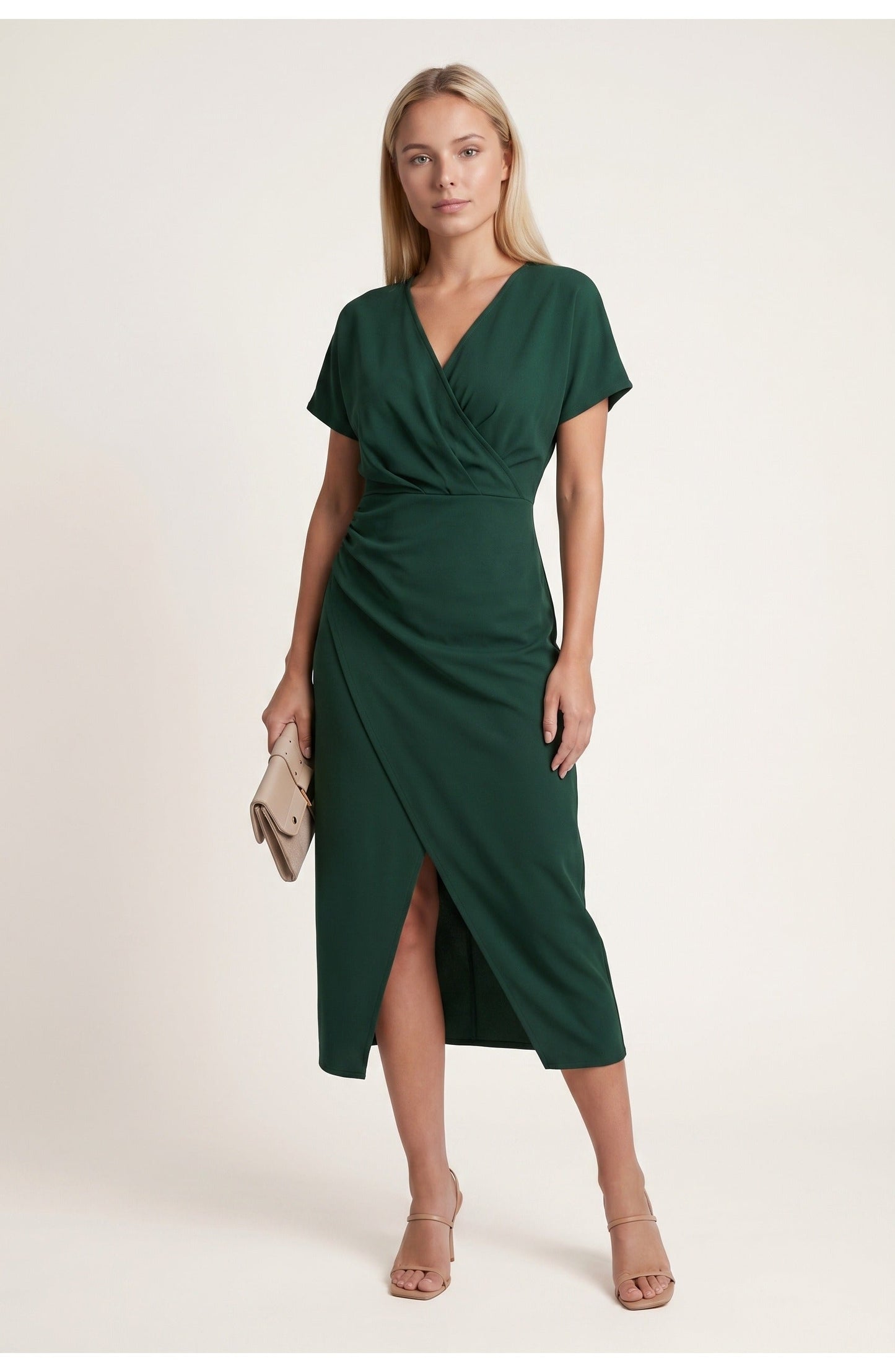 Abito avvolgente elegante con scollatura a V per donne – Abito midi aderente con arricciatura in vita e spacco