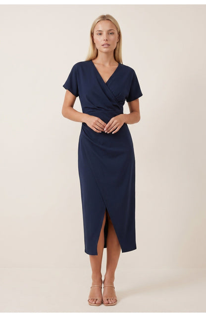 Abito avvolgente elegante con scollatura a V per donne – Abito midi aderente con arricciatura in vita e spacco
