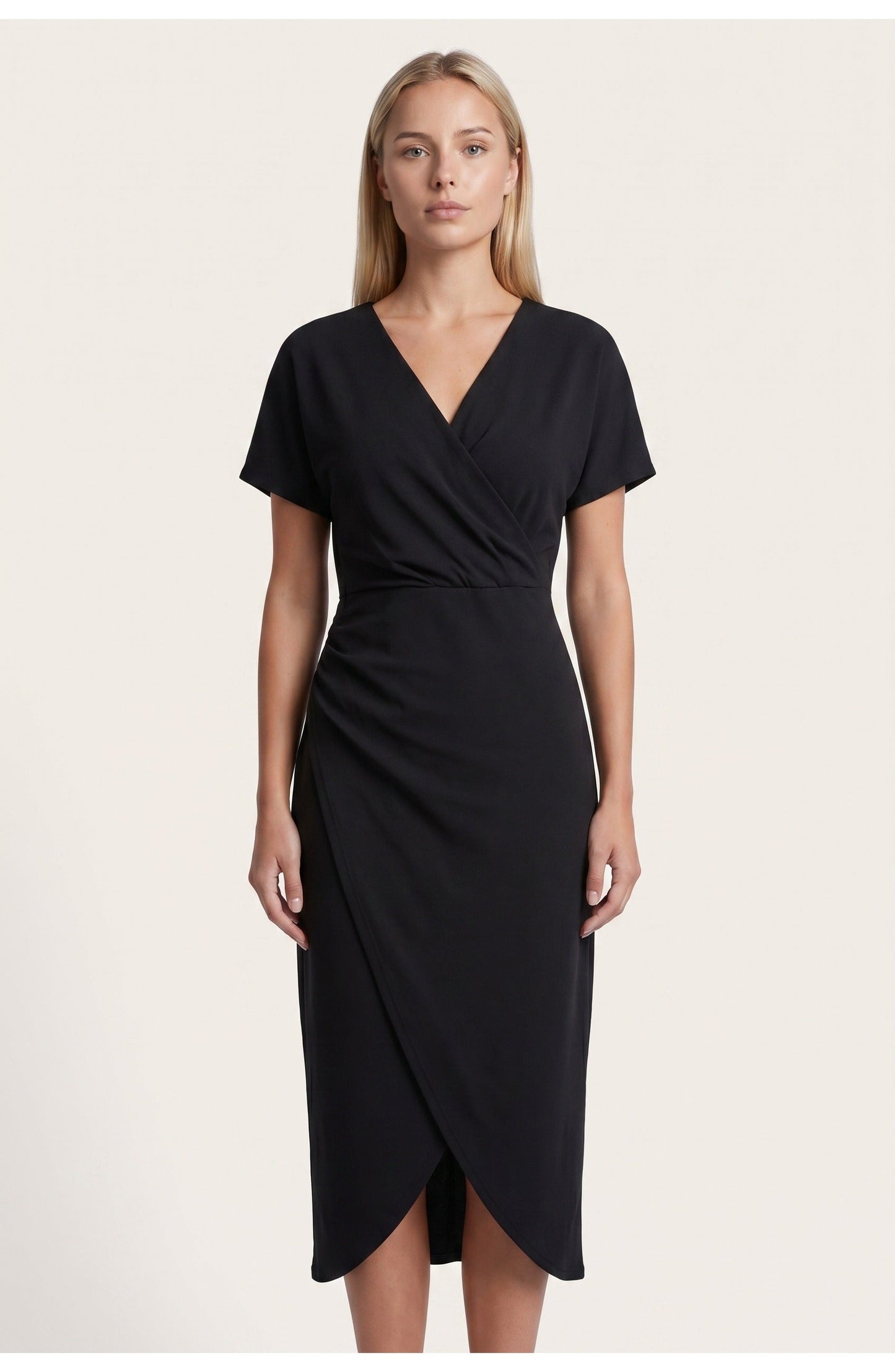 Abito avvolgente elegante con scollatura a V per donne – Abito midi aderente con arricciatura in vita e spacco