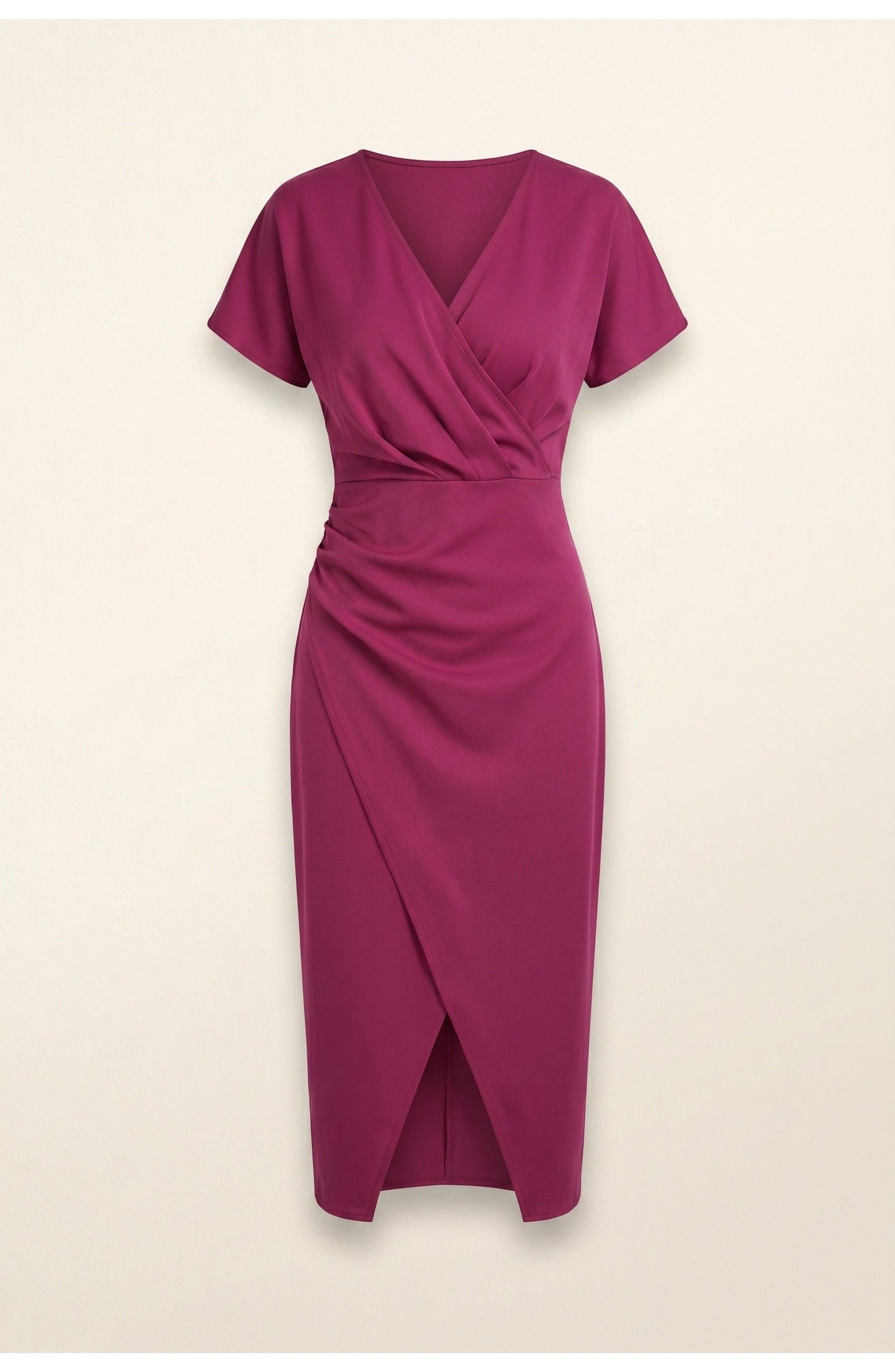 Abito avvolgente elegante con scollatura a V per donne – Abito midi aderente con arricciatura in vita e spacco