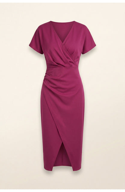 Abito avvolgente elegante con scollatura a V per donne – Abito midi aderente con arricciatura in vita e spacco