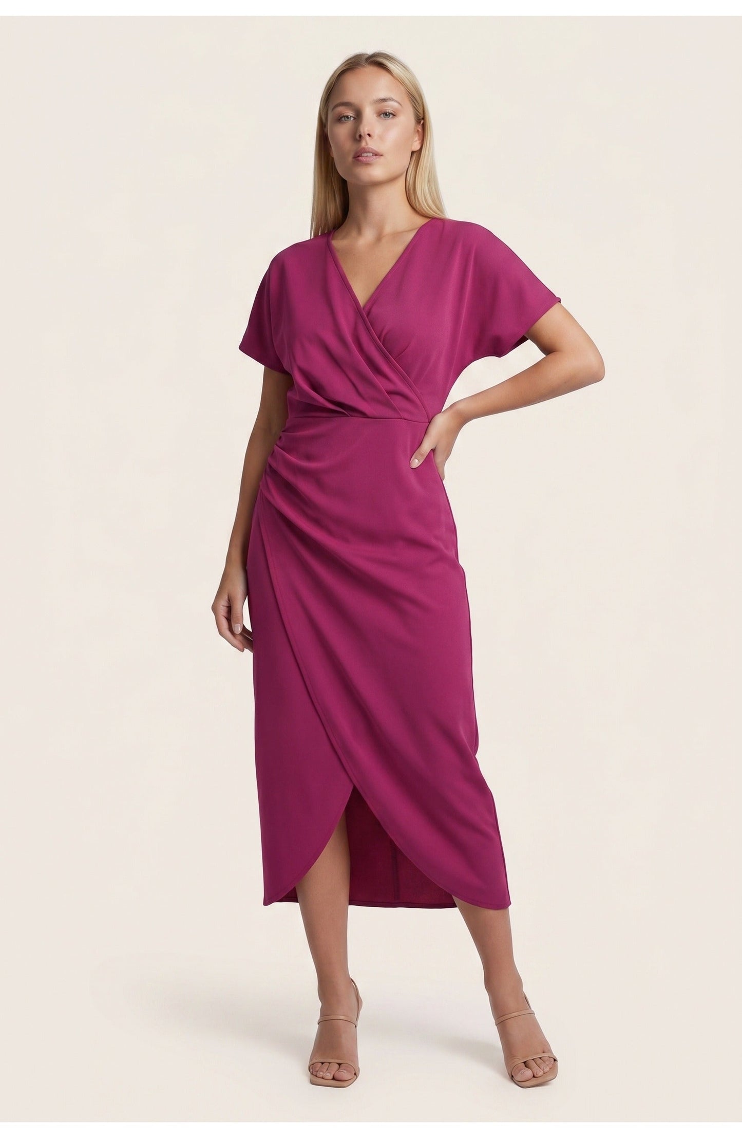 Abito avvolgente elegante con scollatura a V per donne – Abito midi aderente con arricciatura in vita e spacco