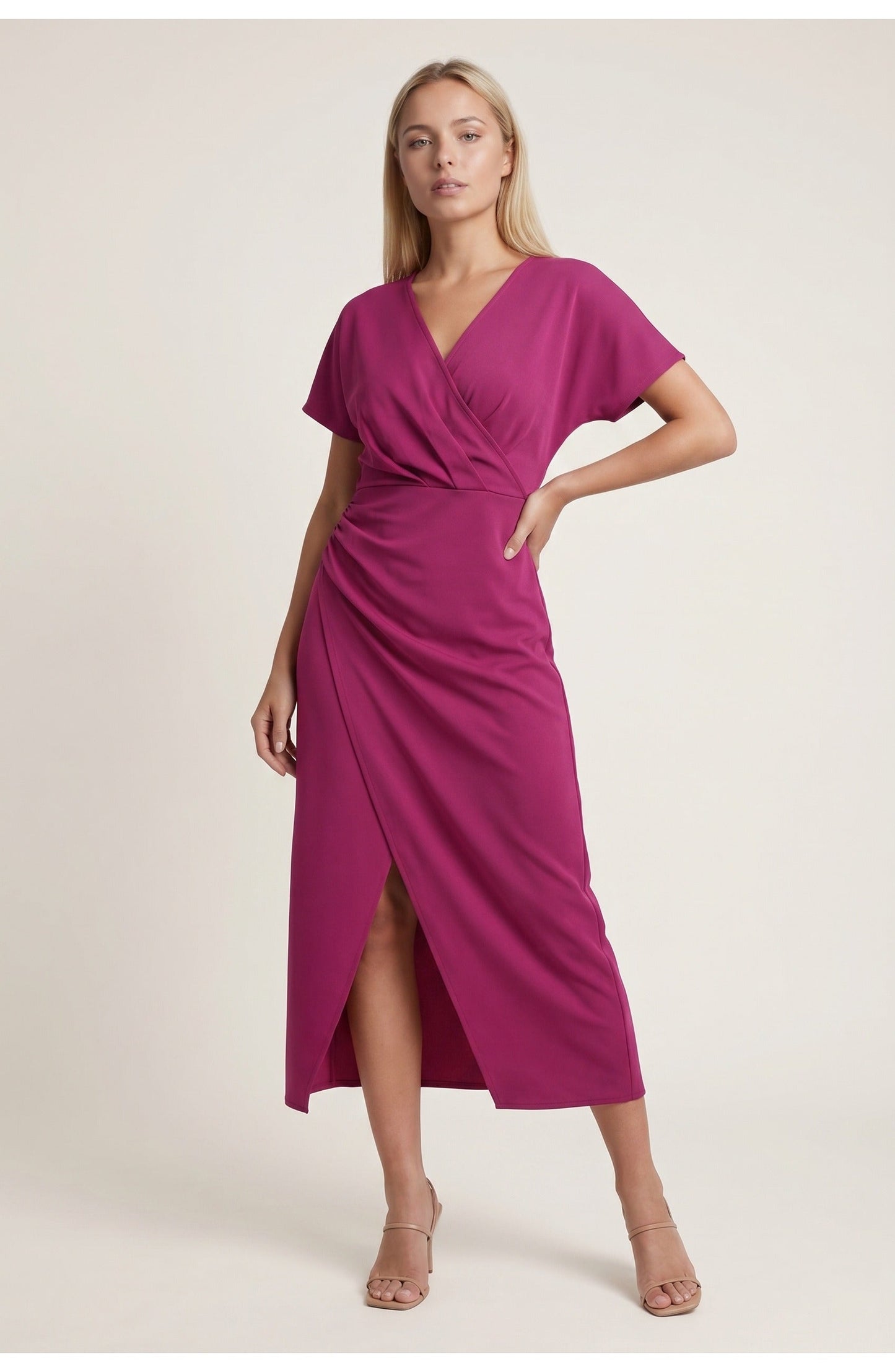 Abito avvolgente elegante con scollatura a V per donne – Abito midi aderente con arricciatura in vita e spacco