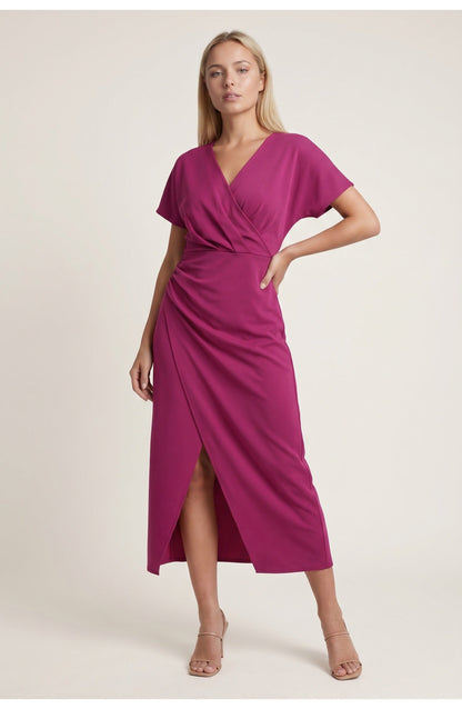 Abito avvolgente elegante con scollatura a V per donne – Abito midi aderente con arricciatura in vita e spacco