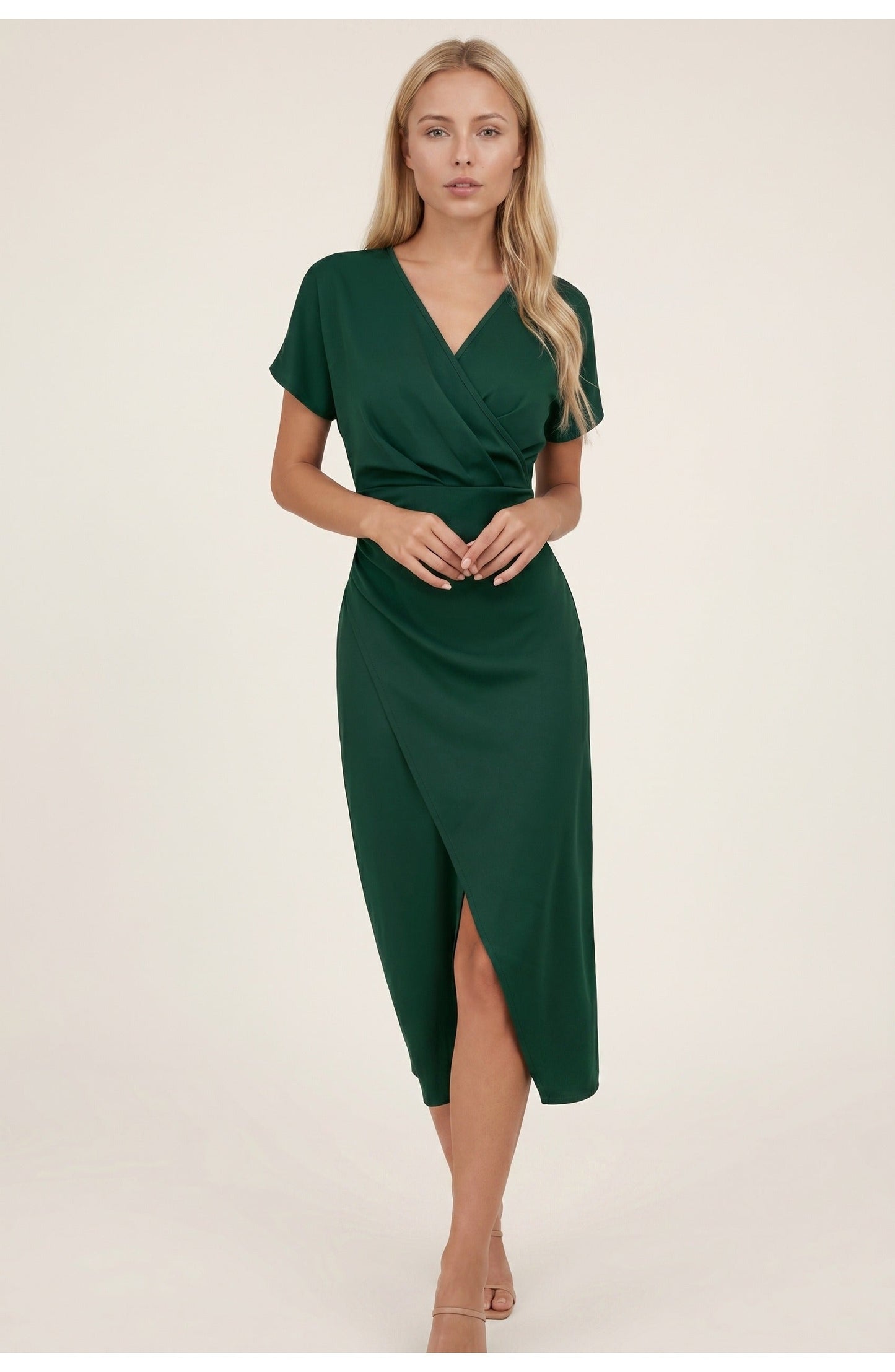 Abito avvolgente elegante con scollatura a V per donne – Abito midi aderente con arricciatura in vita e spacco