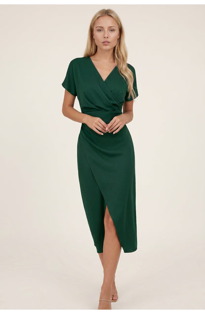 Abito avvolgente elegante con scollatura a V per donne – Abito midi aderente con arricciatura in vita e spacco