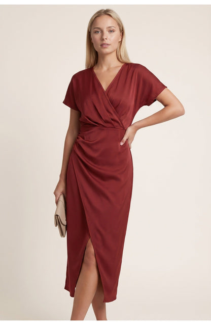 Abito avvolgente elegante con scollatura a V per donne – Abito midi aderente con arricciatura in vita e spacco