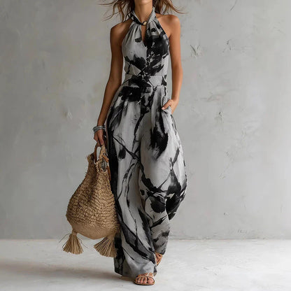 Elegante Jumpsuit con Collo Halter per Donne – Overall Leggero con Stampa e Gamba Larga