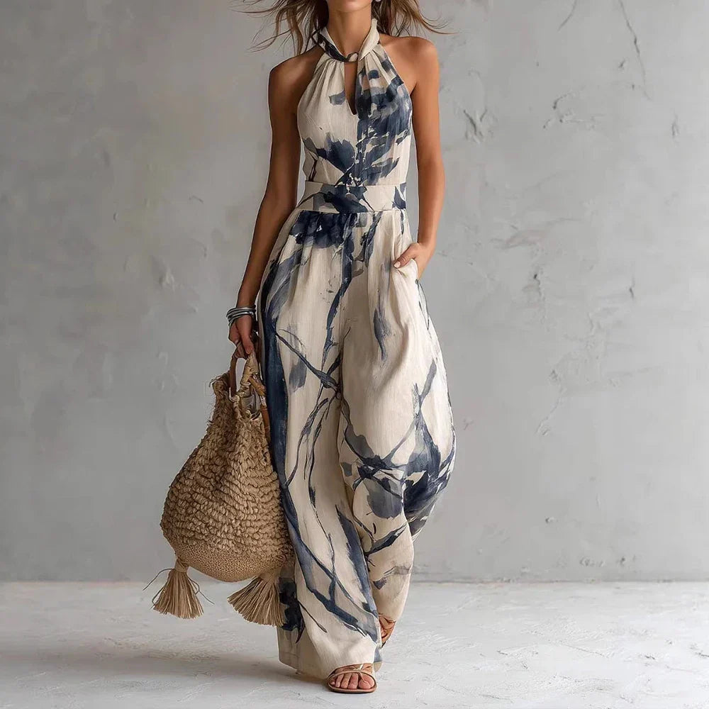 Elegante Jumpsuit con Collo Halter per Donne – Overall Leggero con Stampa e Gamba Larga