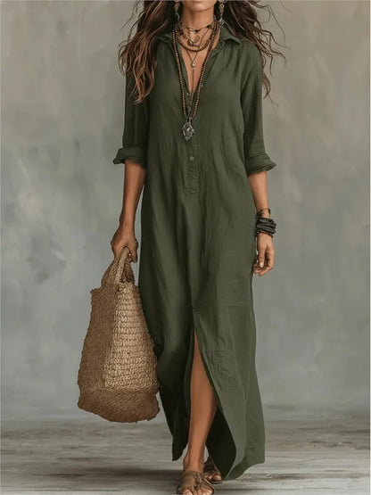Abito Max lungo con colletto camicia per donne – Abito estivo leggero con scollatura a V e maniche lunghe