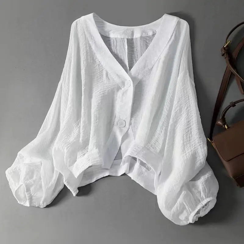 Blusa in lino leggera con maniche a palloncino per donne – Top estivo con scollo a V