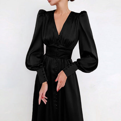 Elegante abito midi con scollo a V e bottoni – Abito lungo fluente per donne