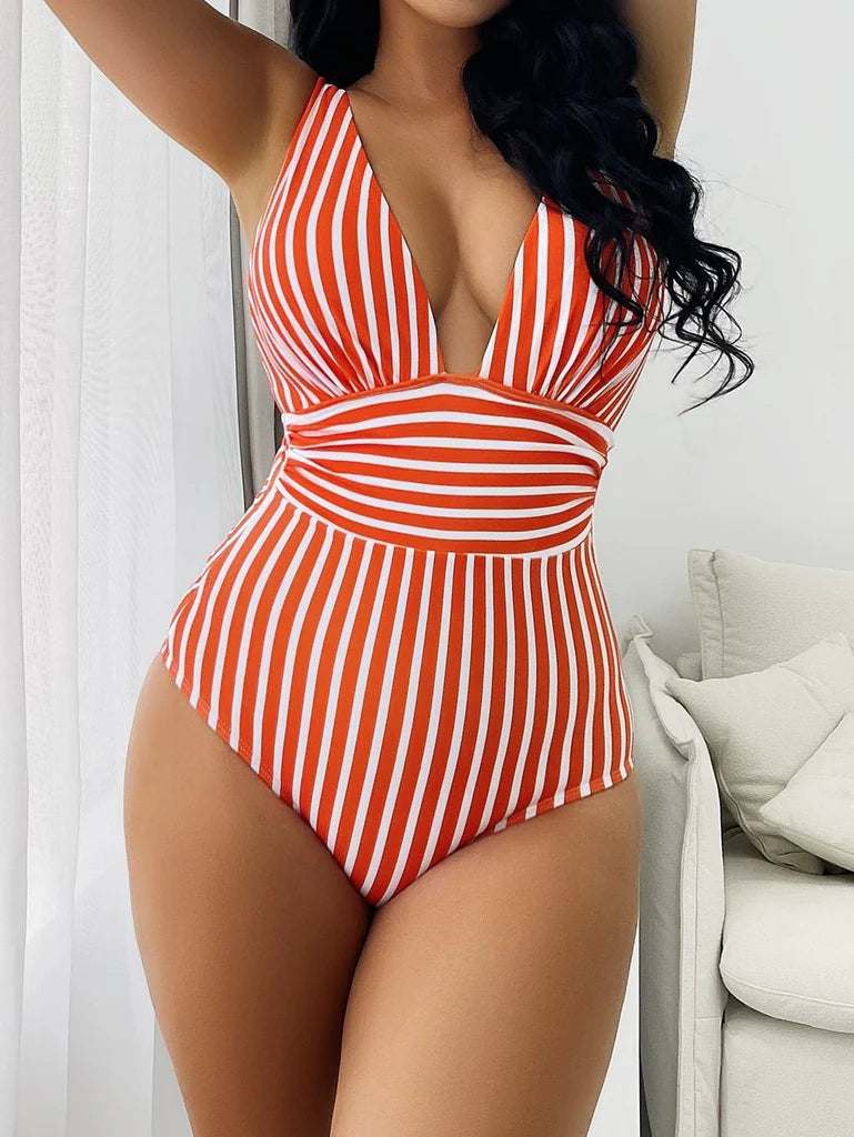 Costume da bagno modellante per donne con strisce – Elegante scollatura a V per una bella silhouette