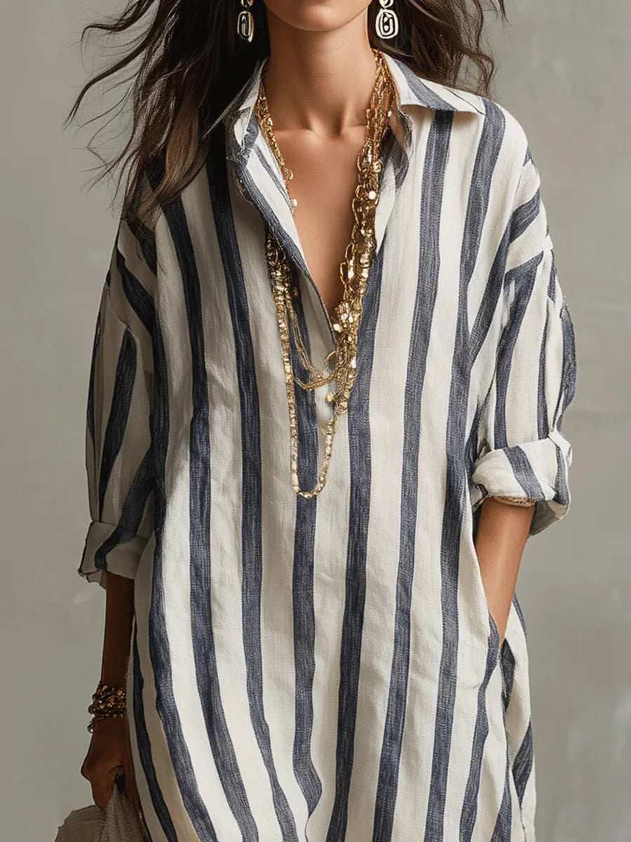 Abito Maxy a righe con colletto per donne - Abito estivo oversize leggero con tasche