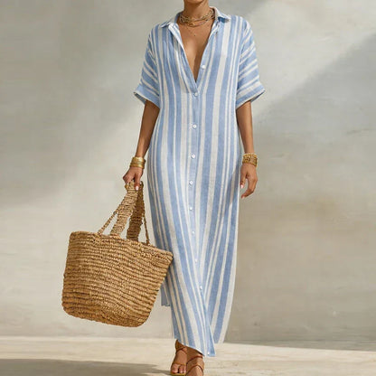 Abito camicia leggero con motivo a righe per donne – Elegante maxiabito per estate e vacanze