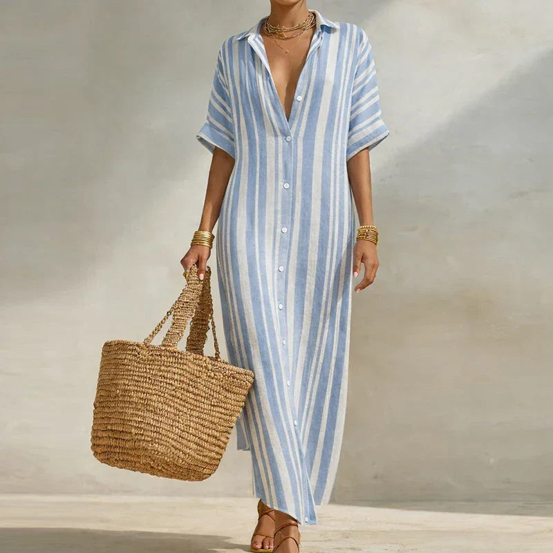 Abito camicia leggero con motivo a righe per donne – Elegante abito maxi per estate e vacanze