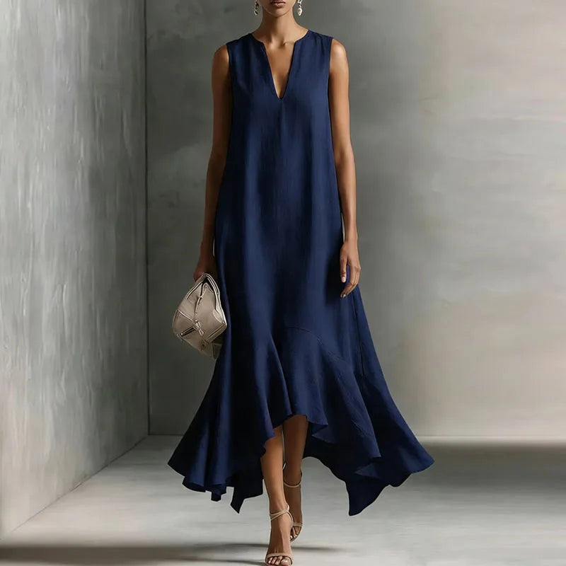 Elegante Maxikleid con orlo a volant per donne – Vestito fluido a A con scollatura a V
