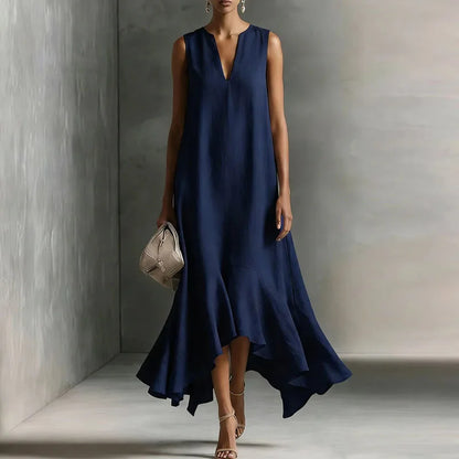 Elegante Maxikleid con orlo a volant per donne – Vestito fluido a A con scollatura a V