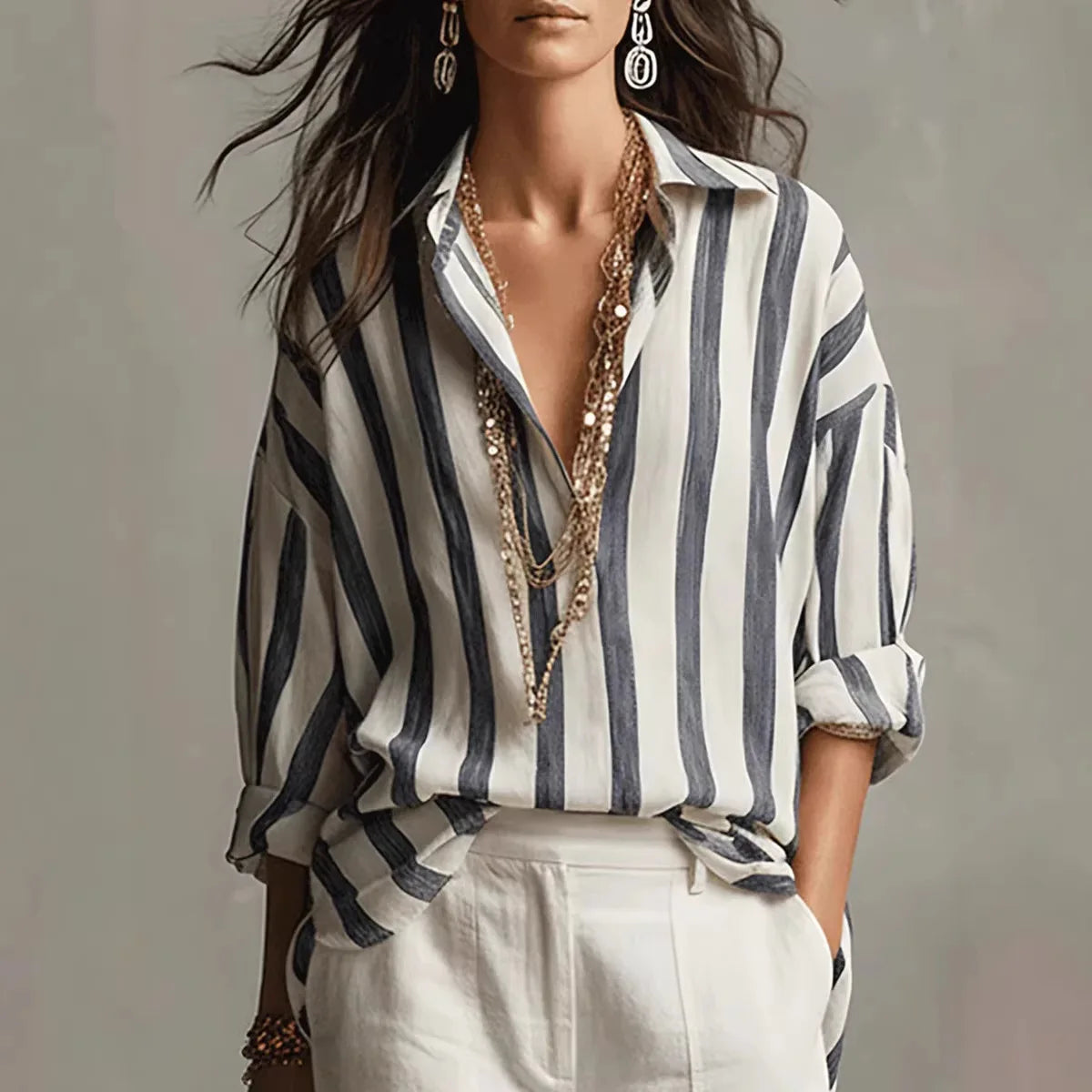 Blusa a righe casual con scollatura a V per donne – Blusa leggera a maniche lunghe in look oversize