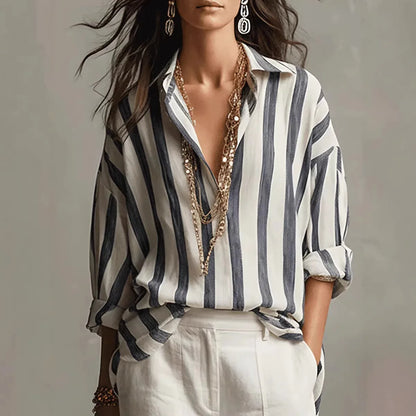 Blusa a righe casual con scollatura a V per donne – Blusa leggera a maniche lunghe in look oversize