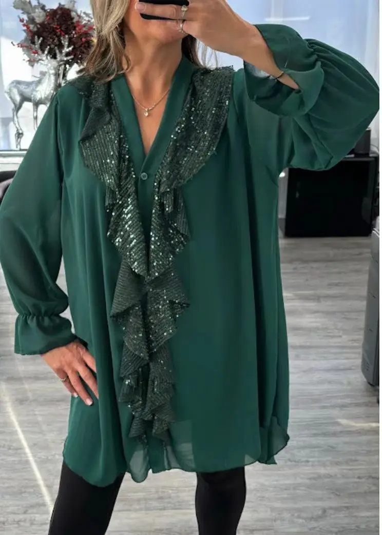 Noésa - Abito camicia per donne con maniche lunghe, taglio a A, con volant scintillanti