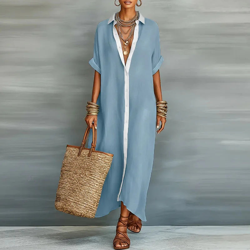 Abito lungo a camicia con bottoni per donne – Abito maxi leggero in effetto lino