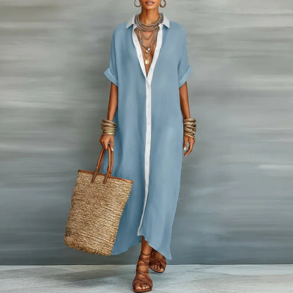 Abito lungo a camicia con bottoni per donne – Abito maxi leggero in effetto lino