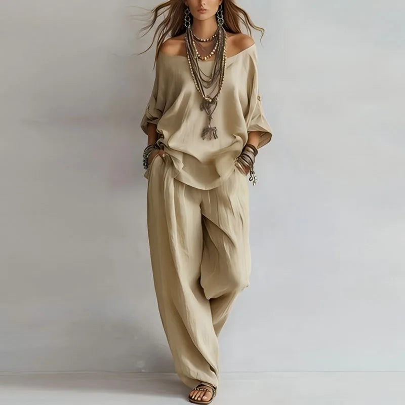Set due pezzi casual con top off-shoulder per donne – Outfit estivo leggero con pantaloni larghi