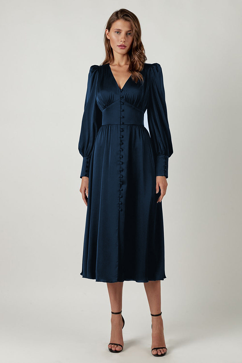 Elegante abito midi con scollo a V e bottoni – Abito lungo fluente per donne