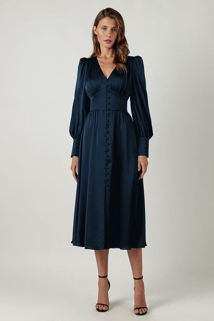 Elegante abito midi con scollo a V e bottoni – Abito lungo fluente per donne