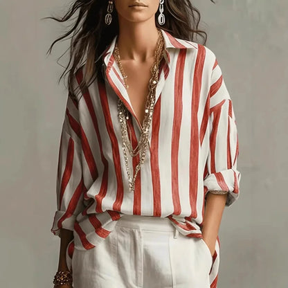 Blusa a righe casual con scollatura a V per donne – Blusa leggera a maniche lunghe in look oversize